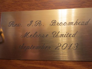 Engraving on Back:  Rev. J.R. Broomhead  Melrose United September 2013